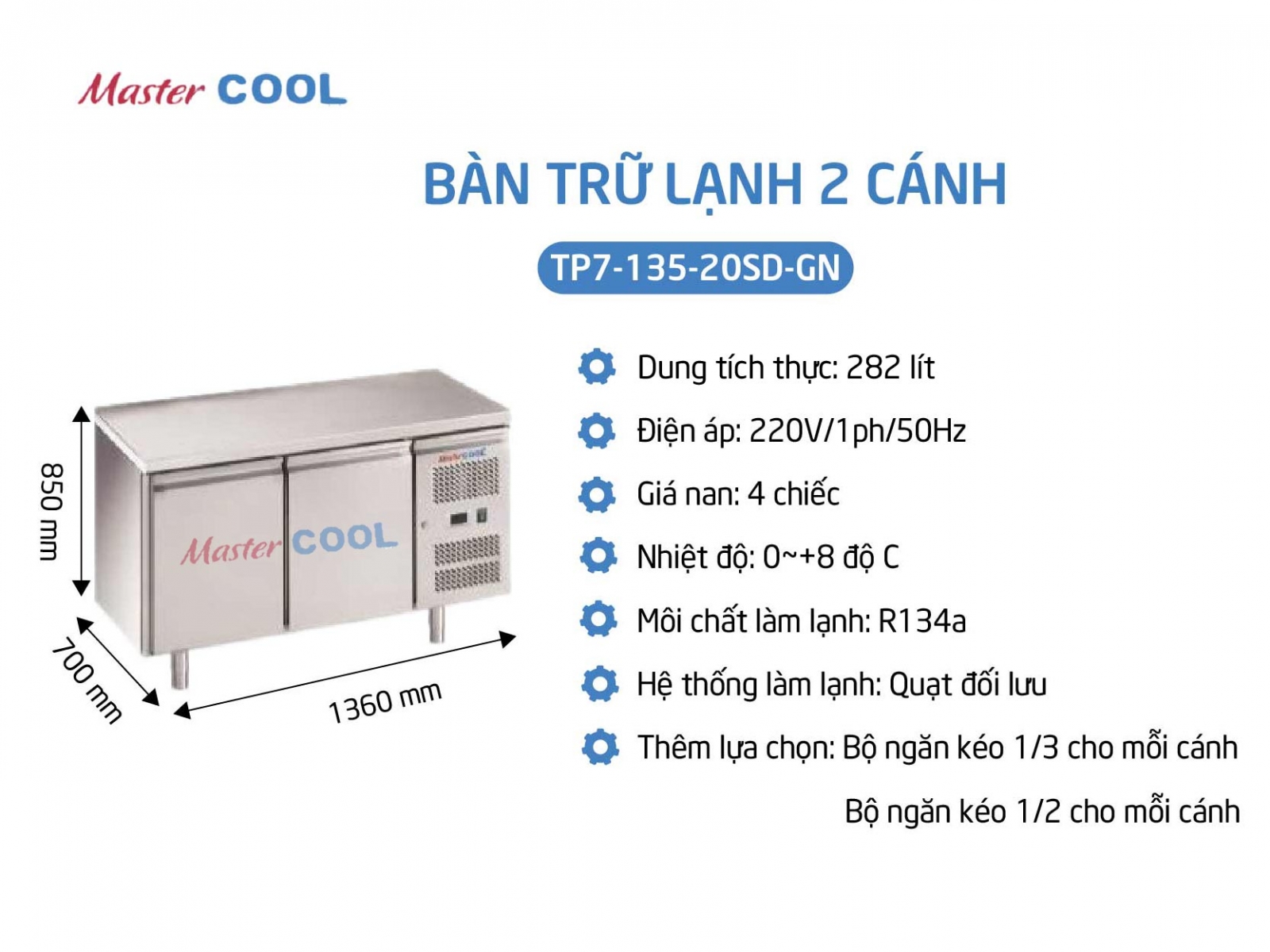 Bàn trữ lạnh 2 cánh sâu 700